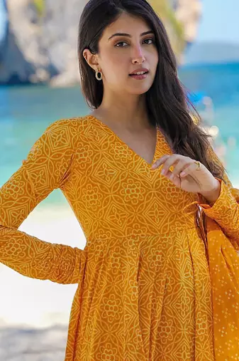 Pumpkin yellow pure muslin digital printed designer salwar suit