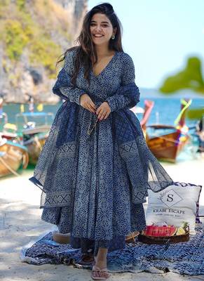 Navy blue pure muslin digital printed designer salwar suit 1