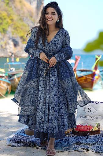 Navy blue pure muslin digital printed designer salwar suit