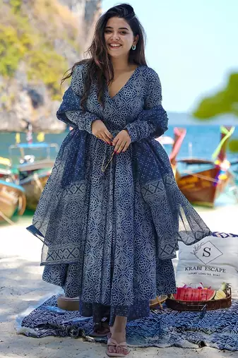 Navy blue pure muslin digital printed designer salwar suit