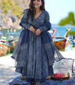 Navy blue pure muslin digital printed designer salwar suit