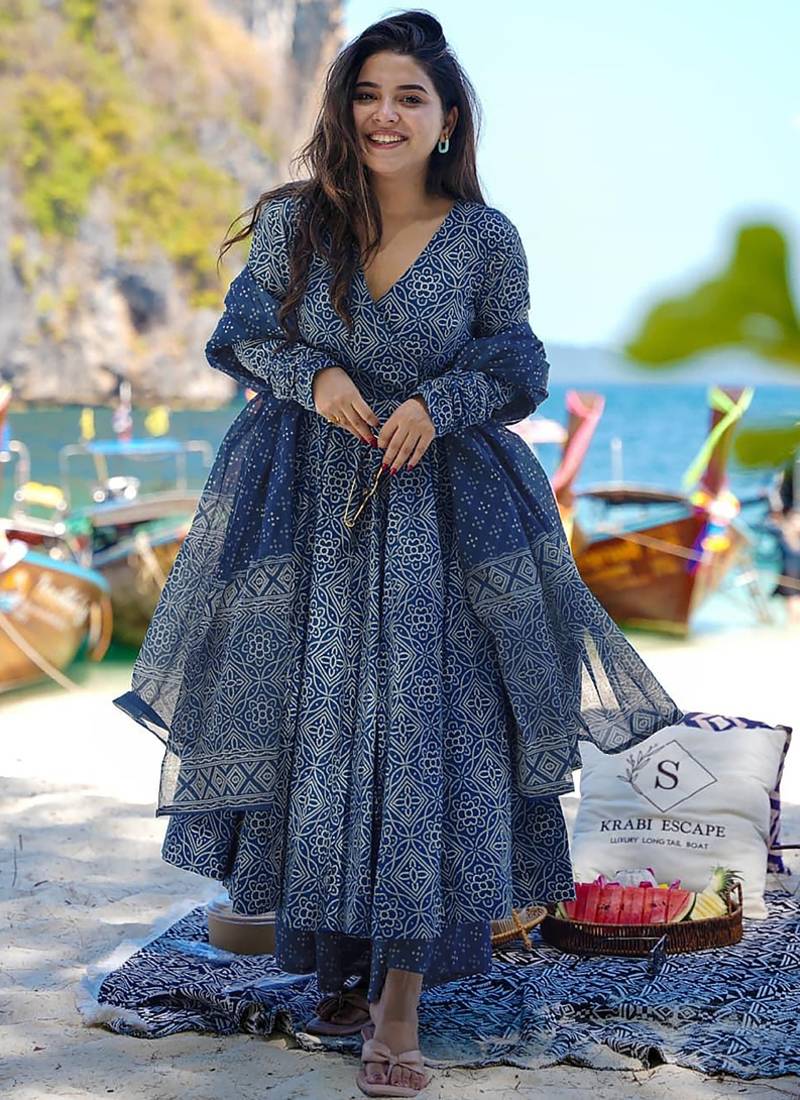 Navy blue pure muslin digital printed designer salwar suit