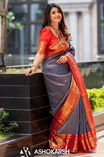 Blue red soft silk blend banarasi jacuard work designer party wear saree with unstitched blouse piece