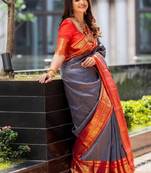 Blue red soft silk blend banarasi jacuard work designer party wear saree with unstitched blouse piece