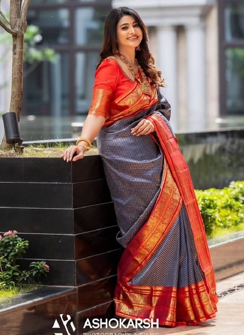 Blue red soft silk blend banarasi jacuard work designer party wear saree with unstitched blouse piece