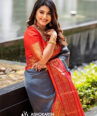 blue red silk blend banarasi saree with unstitched blouse piece 2