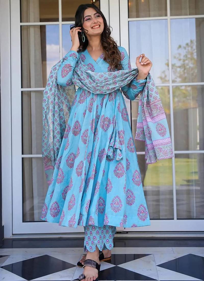 Sky blue pure muslin digital printed designer salwar suit