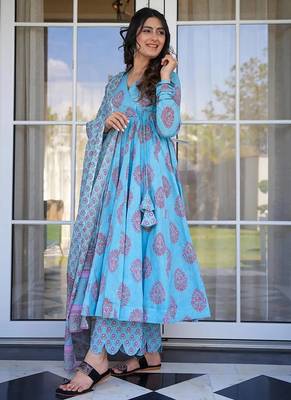 Sky blue pure muslin digital printed designer salwar suit 2