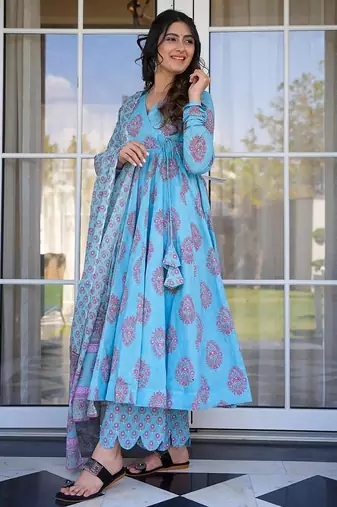 Sky blue pure muslin digital printed designer salwar suit