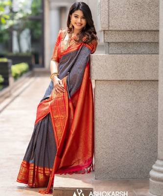 blue red silk blend banarasi saree with unstitched blouse piece 3