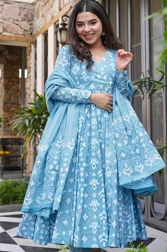 Bright blue pure muslin digital printed designer salwar suit