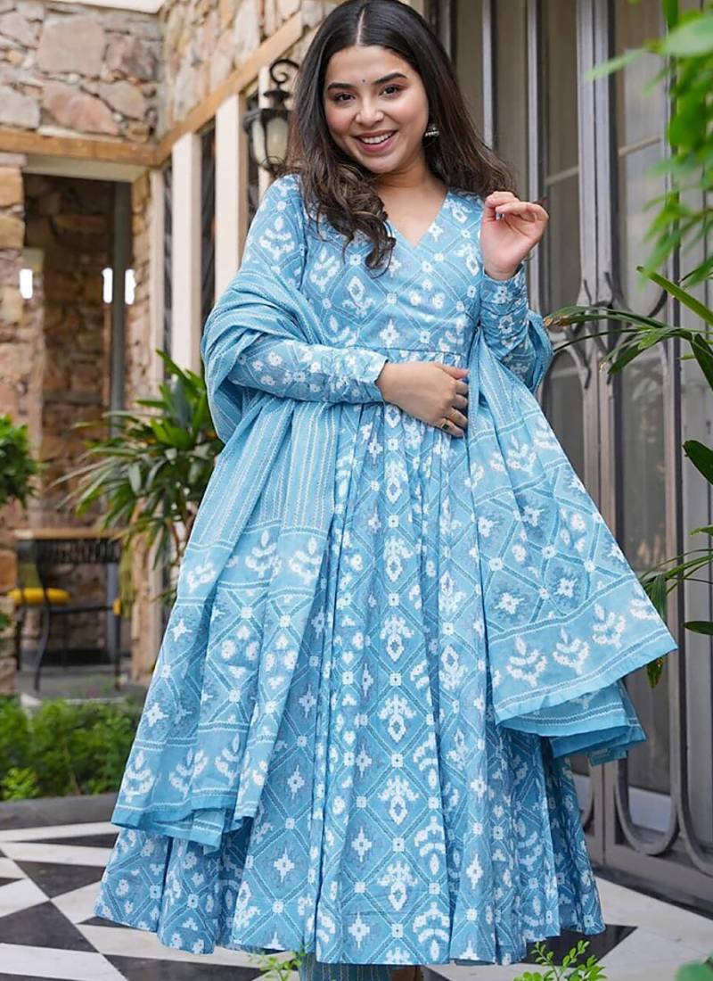 Bright blue pure muslin digital printed designer salwar suit