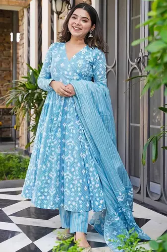 Bright blue pure muslin digital printed designer salwar suit