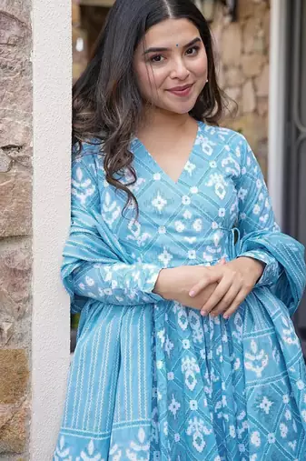 Bright blue pure muslin digital printed designer salwar suit