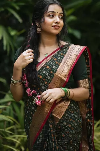 green silk blend banarasi saree with unstitched blouse piece