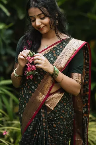 green silk blend banarasi saree with unstitched blouse piece