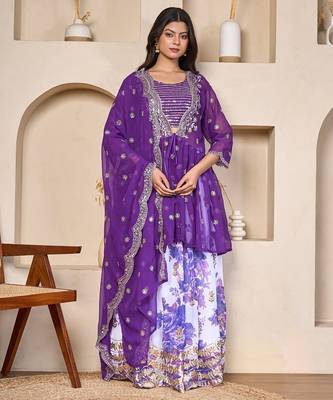 royal purple georgette lehenga set with embroidered jacket dupatta 1