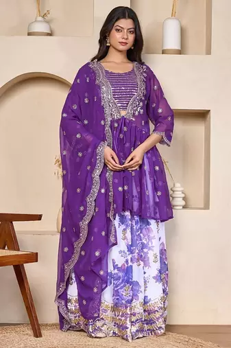 royal purple georgette lehenga set with embroidered jacket dupatta