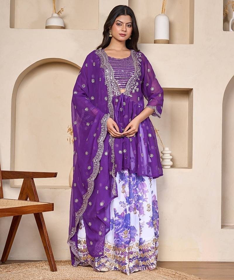 royal purple georgette lehenga set with embroidered jacket dupatta
