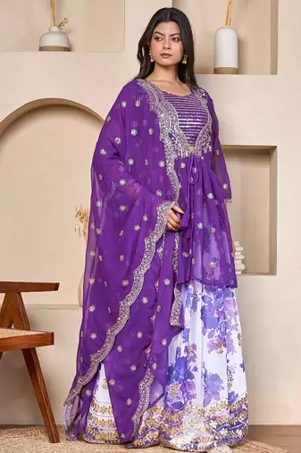 royal purple georgette lehenga set with embroidered jacket dupatta