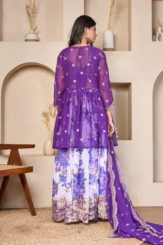royal purple georgette lehenga set with embroidered jacket dupatta