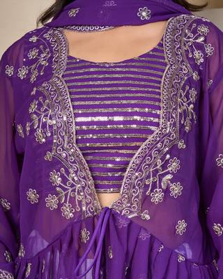 royal purple georgette lehenga set with embroidered jacket dupatta 4