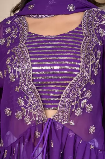 royal purple georgette lehenga set with embroidered jacket dupatta