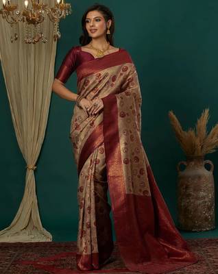 cream maroon silk blend banarasi saree with unstitched blouse piece 1