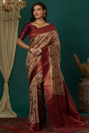 Cream maroon   soft silk blend banarasi jacuard work designer party wear saree with unstitched blouse piece