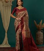 Cream maroon   soft silk blend banarasi jacuard work designer party wear saree with unstitched blouse piece