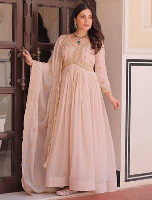 Stylish Peach Thread Work Georgette Festival Wear Gown With Dupatta 1