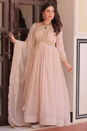 Stylish Peach Thread Work Georgette Festival Wear Gown With Dupatta
