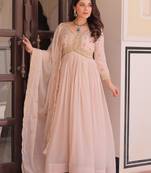 Stylish Peach Thread Work Georgette Festival Wear Gown With Dupatta