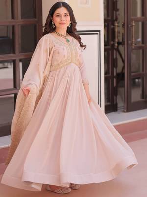Stylish Peach Thread Work Georgette Festival Wear Gown With Dupatta 3