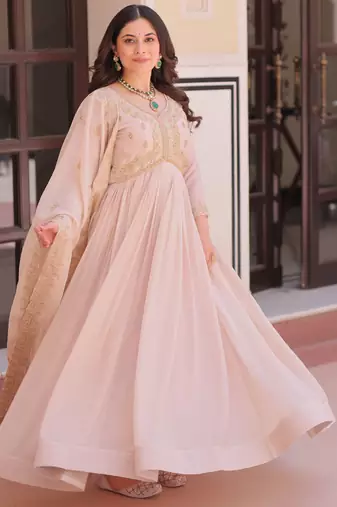 Stylish Peach Thread Work Georgette Festival Wear Gown With Dupatta