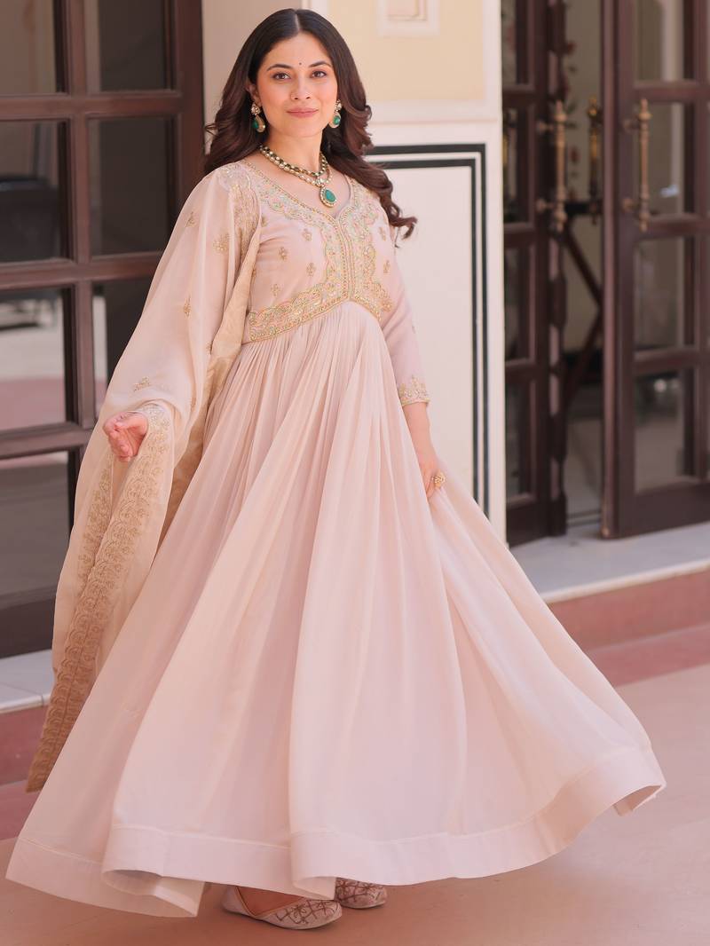 Stylish Peach Thread Work Georgette Festival Wear Gown With Dupatta