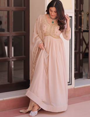 Stylish Peach Thread Work Georgette Festival Wear Gown With Dupatta 4