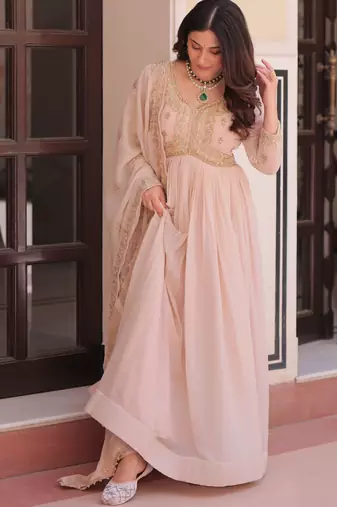 Stylish Peach Thread Work Georgette Festival Wear Gown With Dupatta