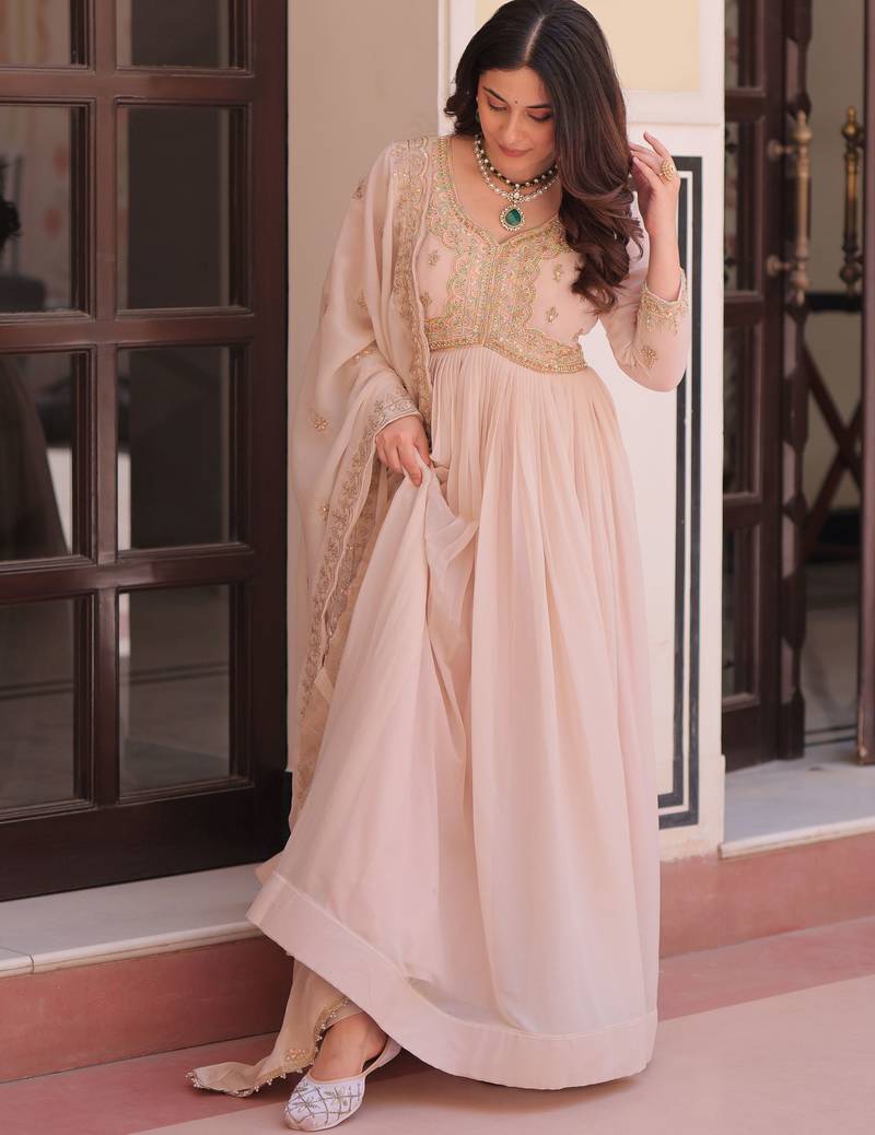 Stylish Peach Thread Work Georgette Festival Wear Gown With Dupatta