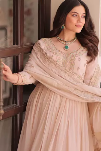 Stylish Peach Thread Work Georgette Festival Wear Gown With Dupatta