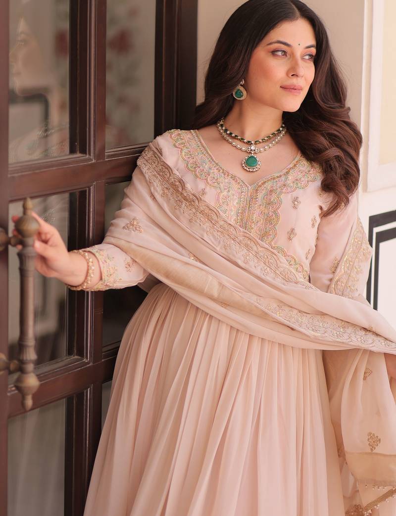 Stylish Peach Thread Work Georgette Festival Wear Gown With Dupatta