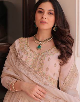 Stylish Peach Thread Work Georgette Festival Wear Gown With Dupatta 6