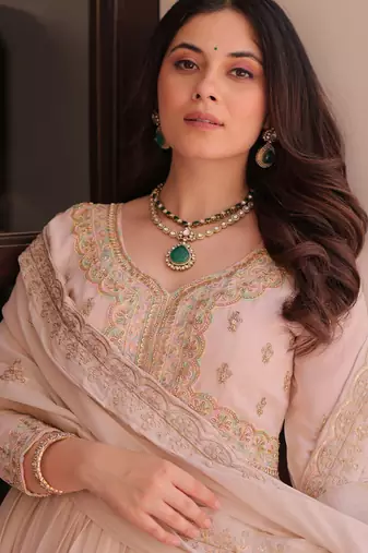Stylish Peach Thread Work Georgette Festival Wear Gown With Dupatta