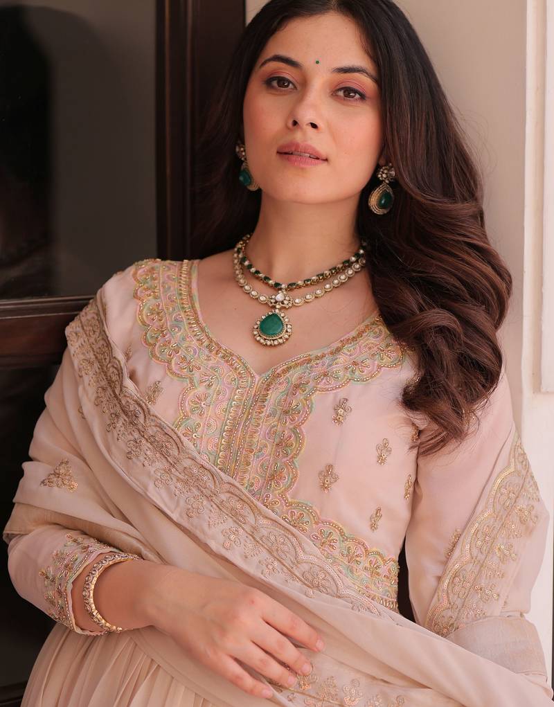 Stylish Peach Thread Work Georgette Festival Wear Gown With Dupatta