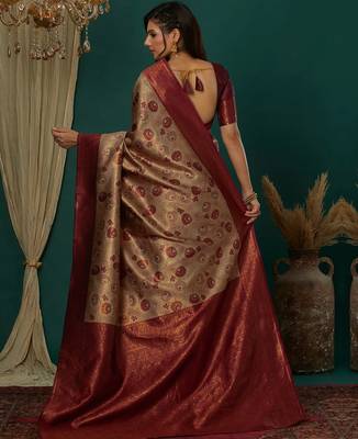cream maroon silk blend banarasi saree with unstitched blouse piece 2