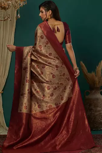 cream maroon silk blend banarasi saree with unstitched blouse piece