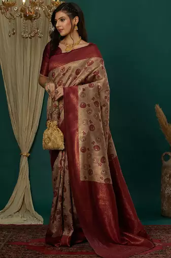 cream maroon silk blend banarasi saree with unstitched blouse piece