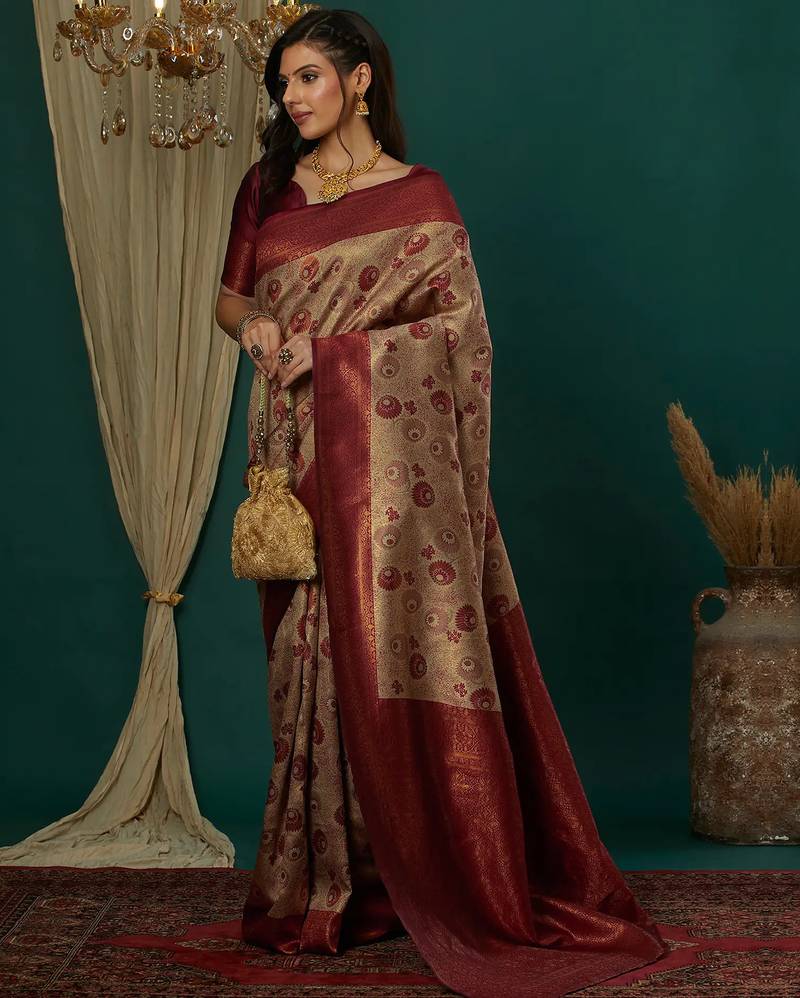 Cream maroon   soft silk blend banarasi jacuard work designer party wear saree with unstitched blouse piece