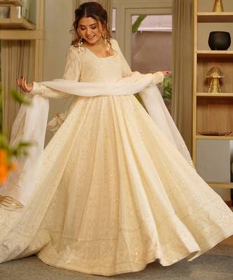 Off white soft georgette  party wear embroidery  suit set 1