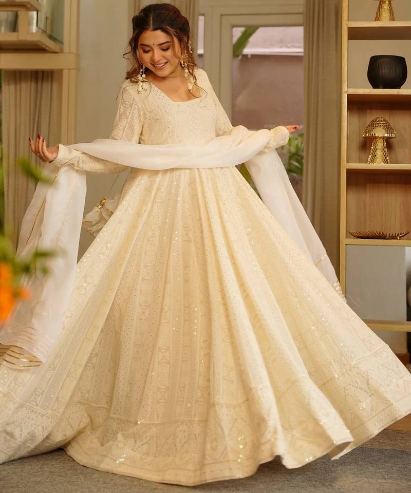 Off white soft georgette  party wear embroidery  suit set
